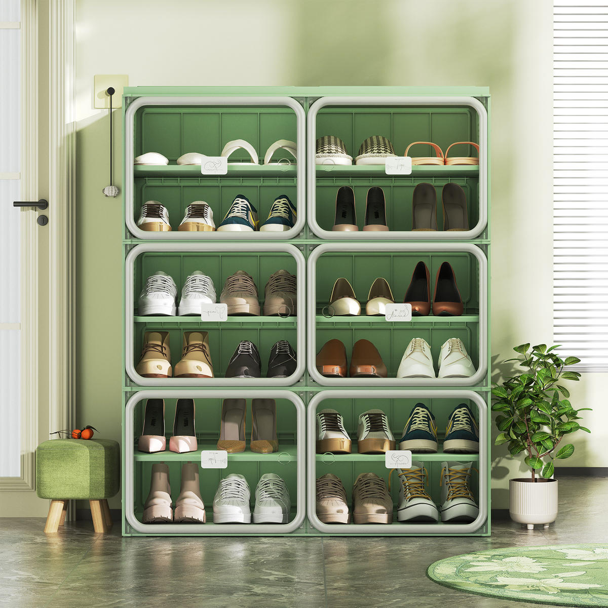 SCHUHSCHRANK, Doppelfach mit 6 Ebenen, faltbar, montagefrei, aus Kunststoff, Flurmöbel, Grün-Grau - Grün, Kunststoff (85/104/34cm) - GENKI LIVING