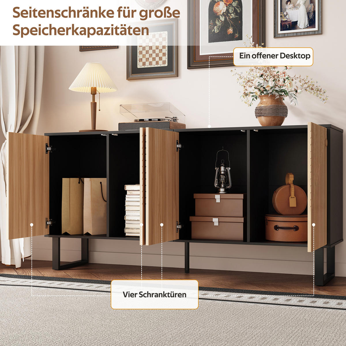 SIDEBOARD Black-Natural 160/38/75 cm - Schwarz, Holzwerkstoff (160/75/38cm) - PANGIVO