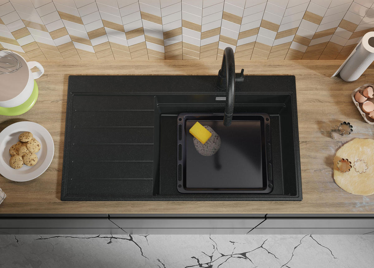 SPÜLBECKEN Sydney, 2-er set Anthrazit 90/50 cm 1 Becken + Ablauf-Set + Küchenzubehörset ab 60er Unterschrank - Chromfarben/Anthrazit, Kunststoff (90/20/50cm) - Primagran