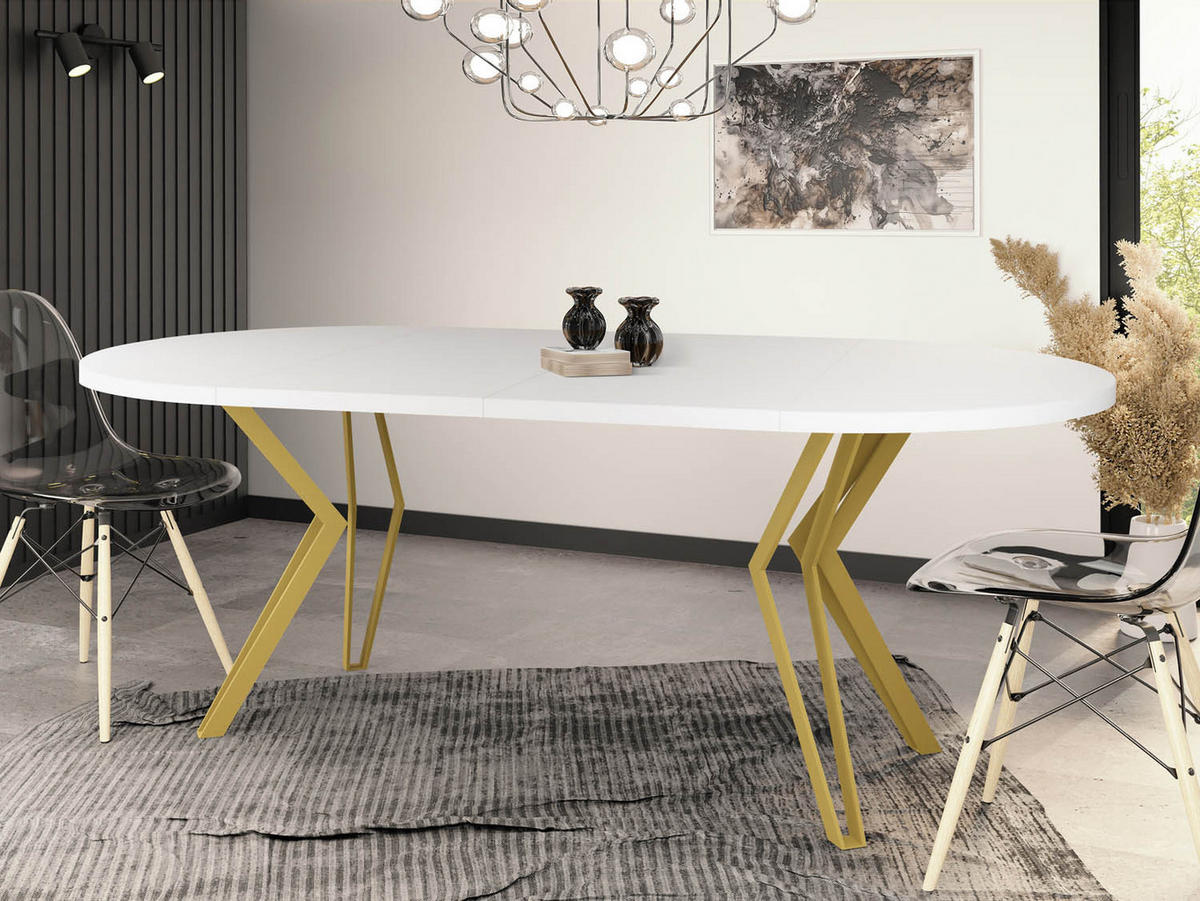 ESSTISCH Daisy runder ausziehbarer, Weiß 120-200/100/76 cm - Goldfarben/Weiß, Holzwerkstoff/Metall (120/120/76cm) - WFL GROUP
