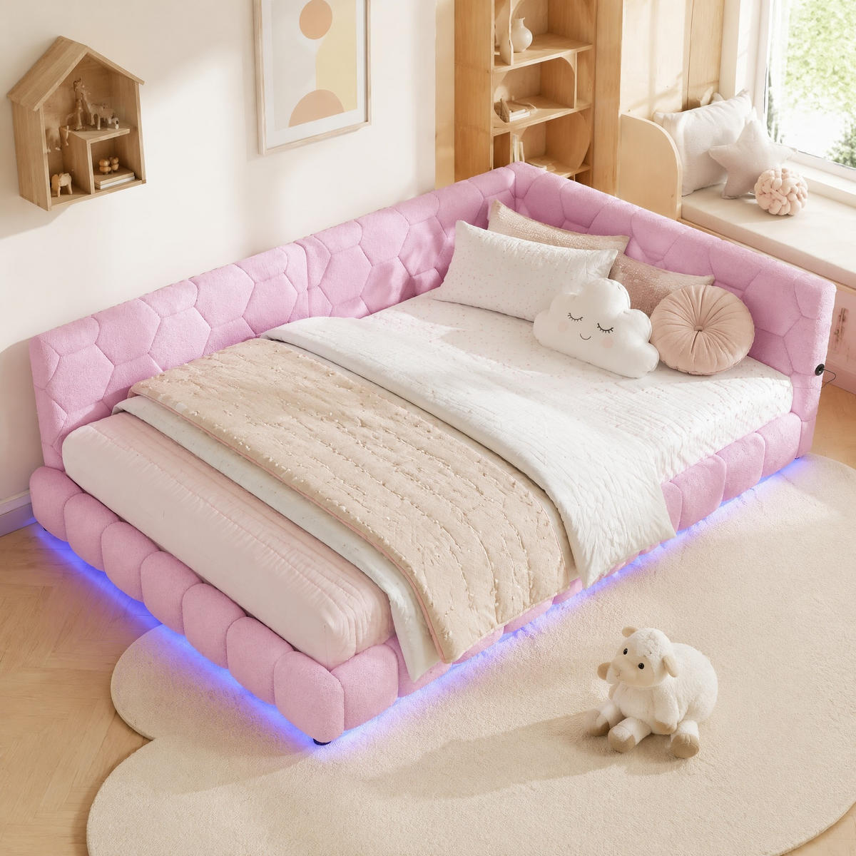 POLSTERBETT 140/200 mit 16-farbiger LED, USB, Type-C, Lattenrost und Vliesimitat in Rosa - Rosa, Holzwerkstoff/Textil (140/200cm) - EVRYAE