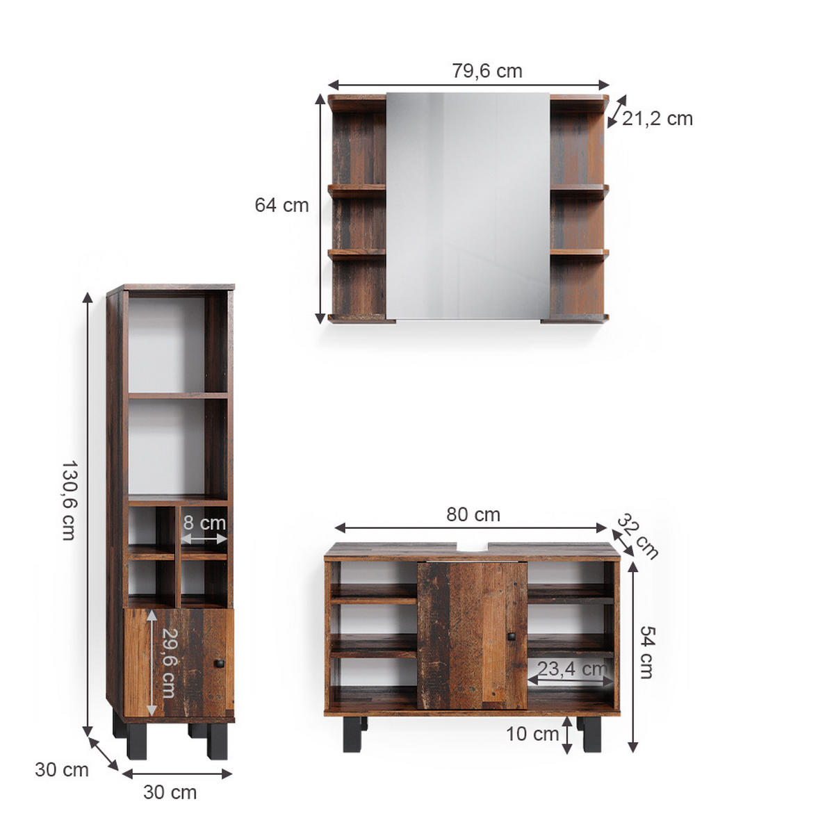 BADMÖBEL-SET Fynn Eiche rustikal 3 Teile, mit Midischrank Tür klein - Wildeiche, Holzwerkstoff (60/54/32cm) - Vicco