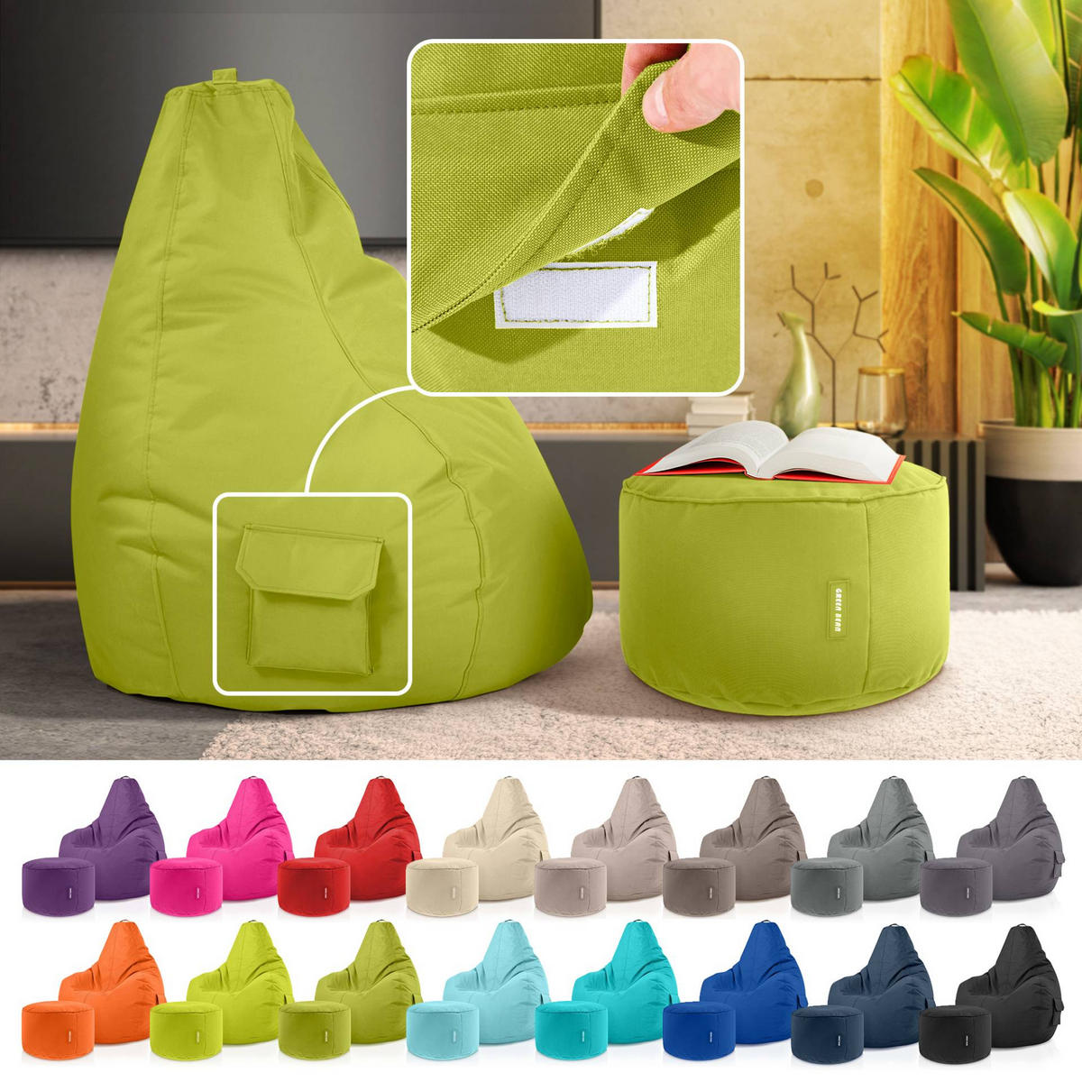SITZSACK + Hocker "Cozy+Stay" 2er Set - Grün, Textil (70/90/80cm) - Green Bean