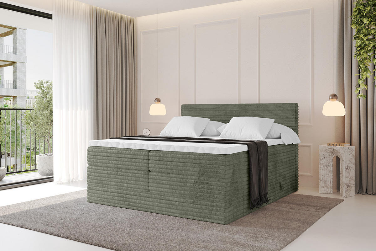 BOXSPRINGBETT mit Matratze H3|H4 und Lattenrost - TOLO KING-v1 200x200 Cord - Olive - Olivgrün, Holzwerkstoff (200/200cm)