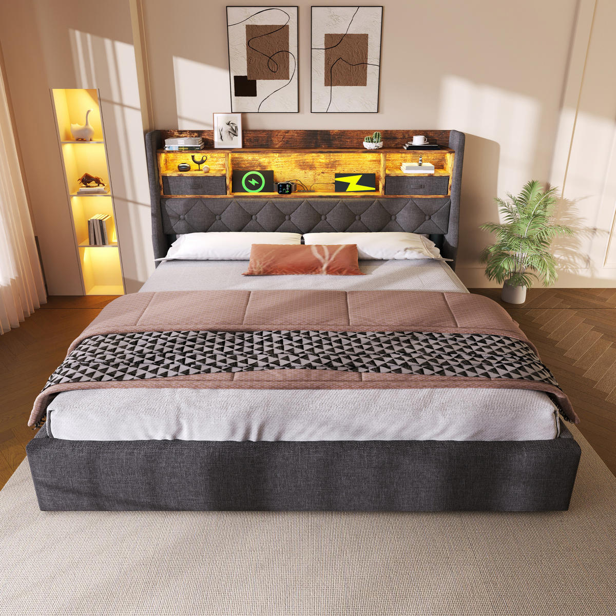 BETT mit Stauraum und LED 140x190 cm Leinen Grau - Grau, Metall (140/190cm) - Meubliv