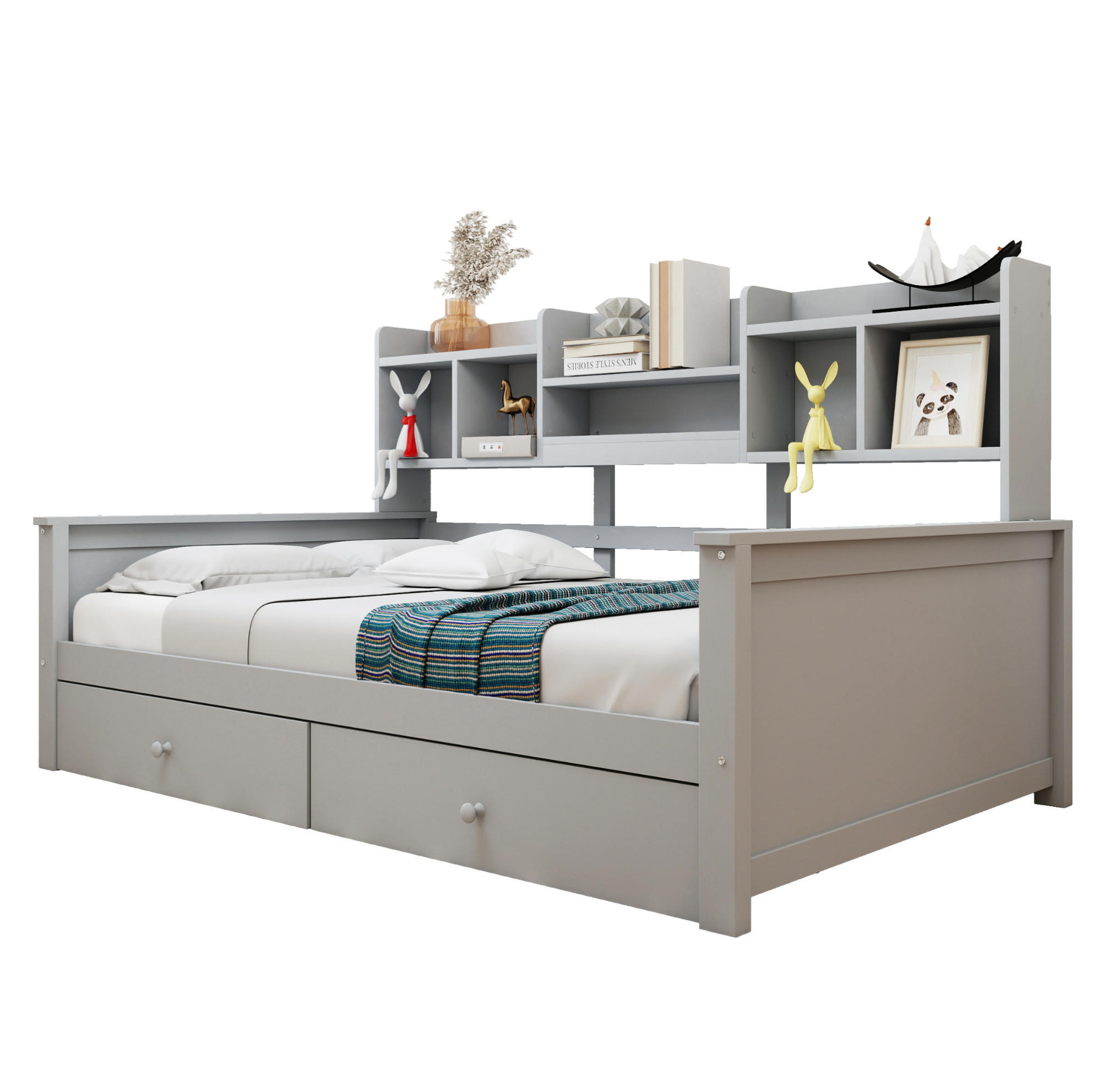 KINDEREINZELBETTEN aus Massivholz 90x200 cm in Grau mit Schubladen & Regalfächern - Grau, Holzwerkstoff (90/200cm) - Modfu