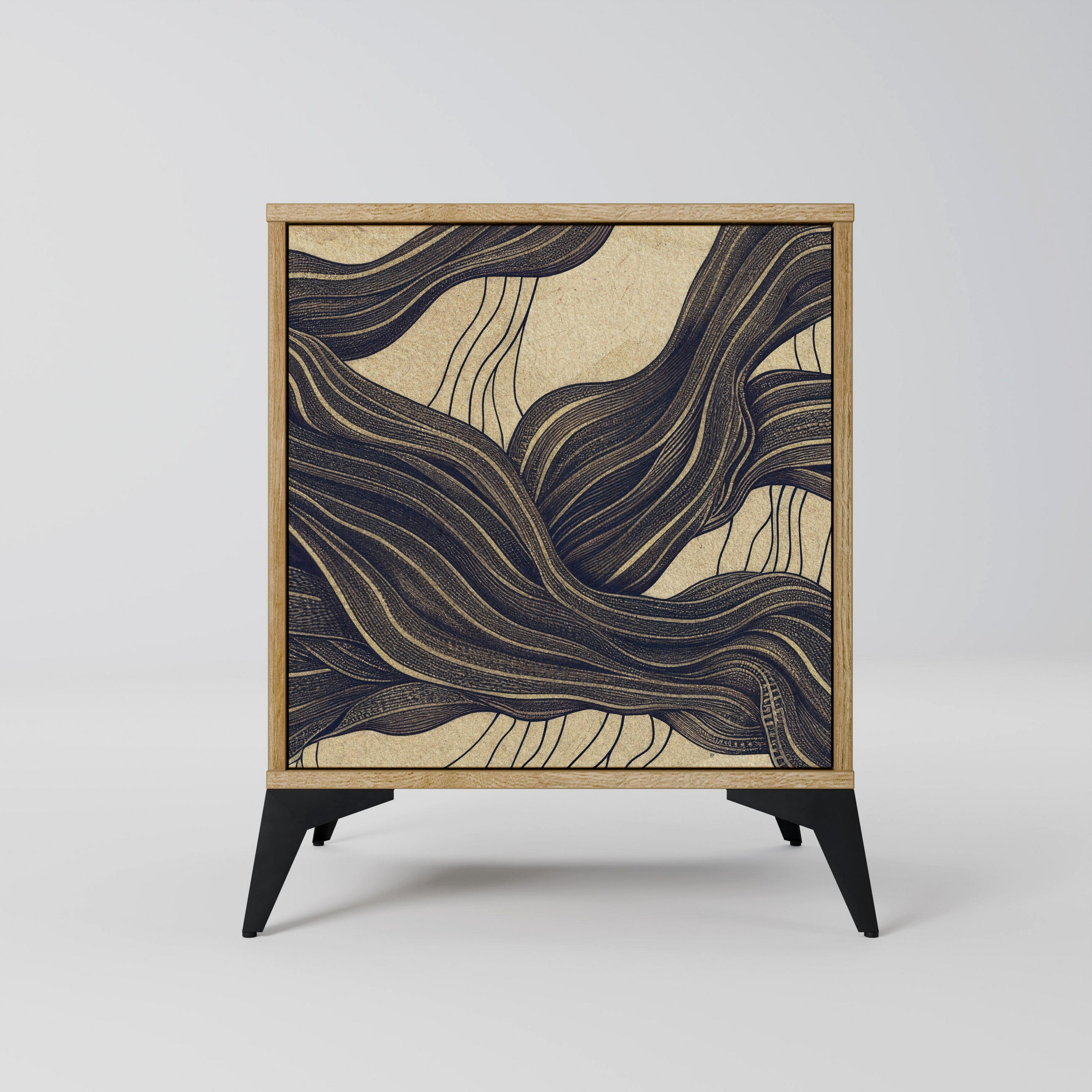 SIDEBOARD UNIFIED FRAGMENTS, Eichefarben, 57,5x42x70,5 cm, Schwarze Metall-Sternfüße - Eichefarben/Multicolor, Holzwerkstoff/Metall (57.5/70.5/42cm) - SpaceRebels