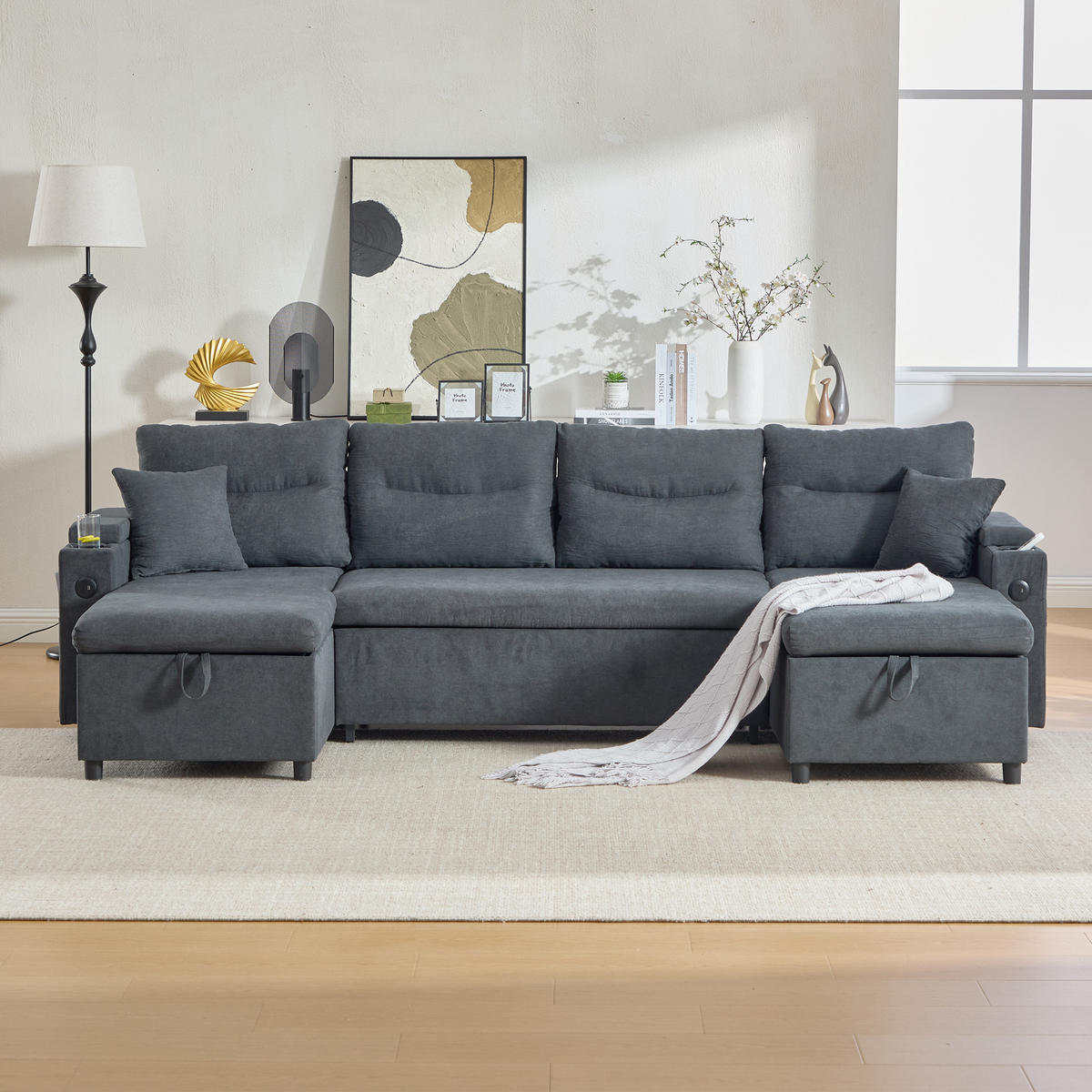 SCHLAFSOFA 4-Sitzer mit Chaiselongues, USB und Stauraum, Dunkelgrau - Dunkelgrau, Textil (272/86/136cm)