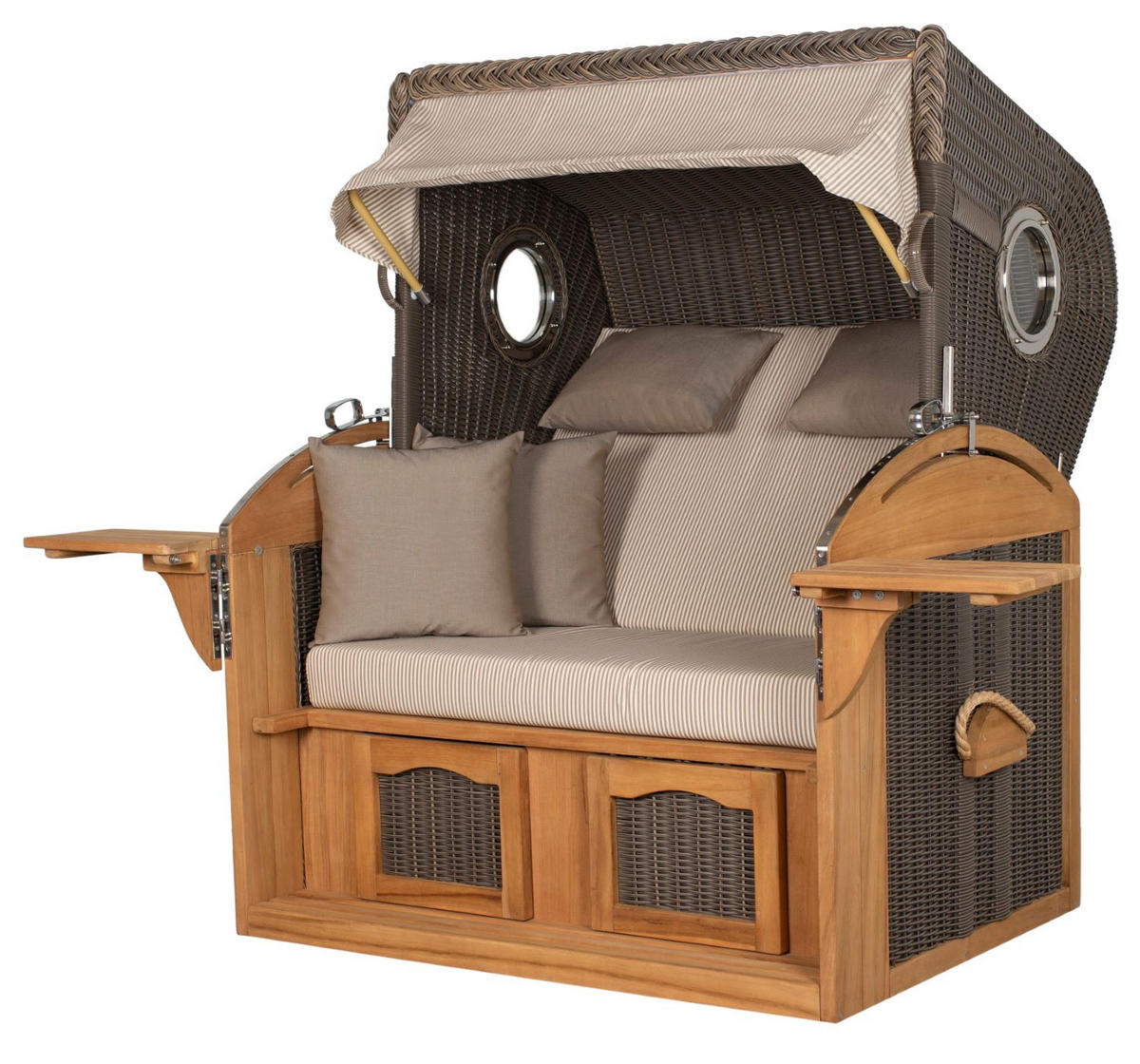 STRANDKORB Komplettset: Borkum XL Teak Bullauge - PE grau - Modell 510 - Beige/Braun, Holz/Kunststoff (142/170/95cm) - bene living