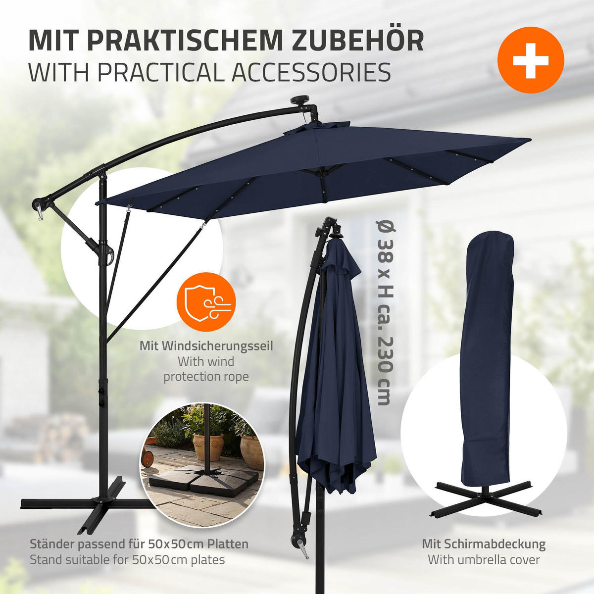 AMPELSCHIRM Ø 330 cm in Navy Blau aus Aluminium mit LED-Solar - Blau, Metall (330/330cm) - ML-DESIGN
