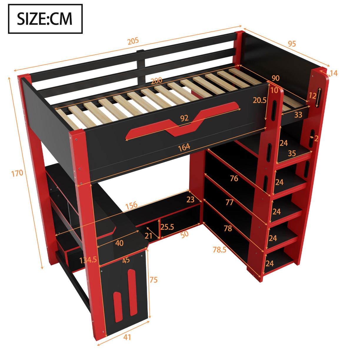 PATROVÁ postel 90/200 cm černo-červená z MDF s psacím stolem a úložným prostorem - černá, kompozitní dřevo (90/200cm) - OKWISH