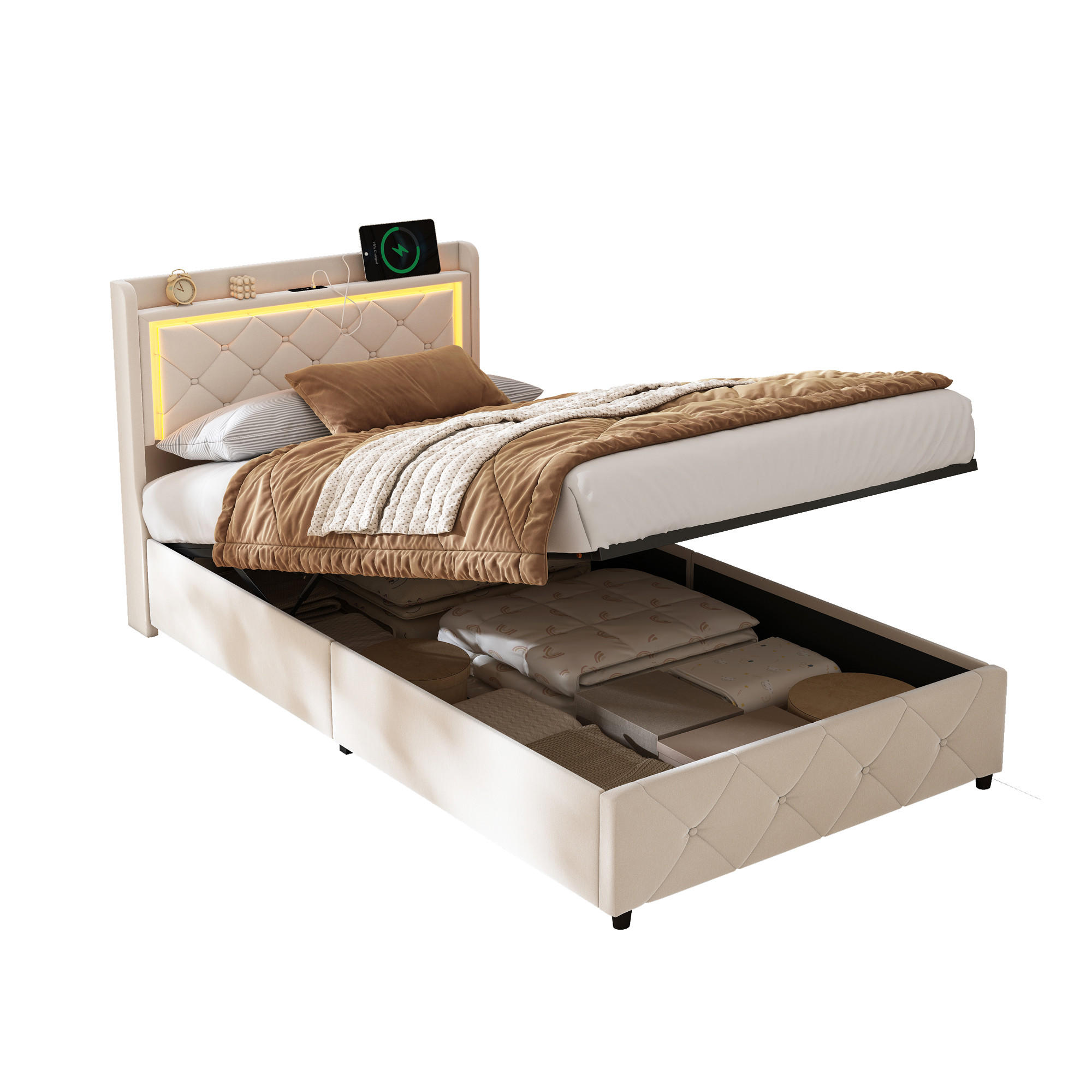 POLSTERBETT 90x200 cm Beige mit LED, Stauraumkopfteil & USB-C - Beige, Holz (90/200cm)