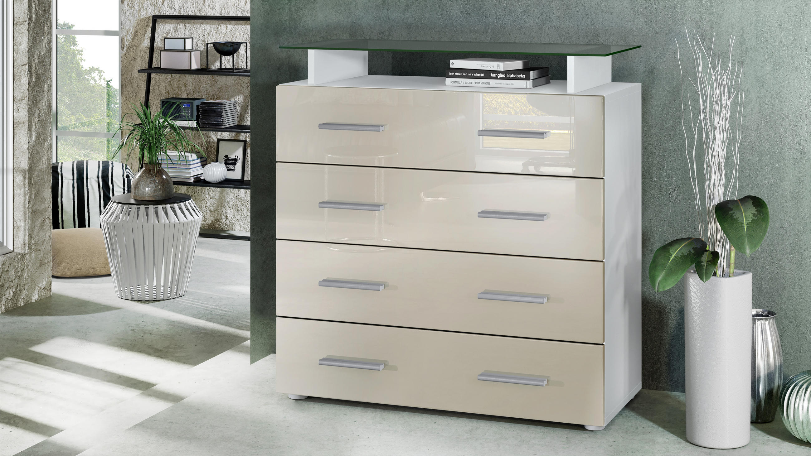 KOMMODE Pavos Creme Hochglanz - Creme, Holzwerkstoff (76/81/35cm) - Vladon