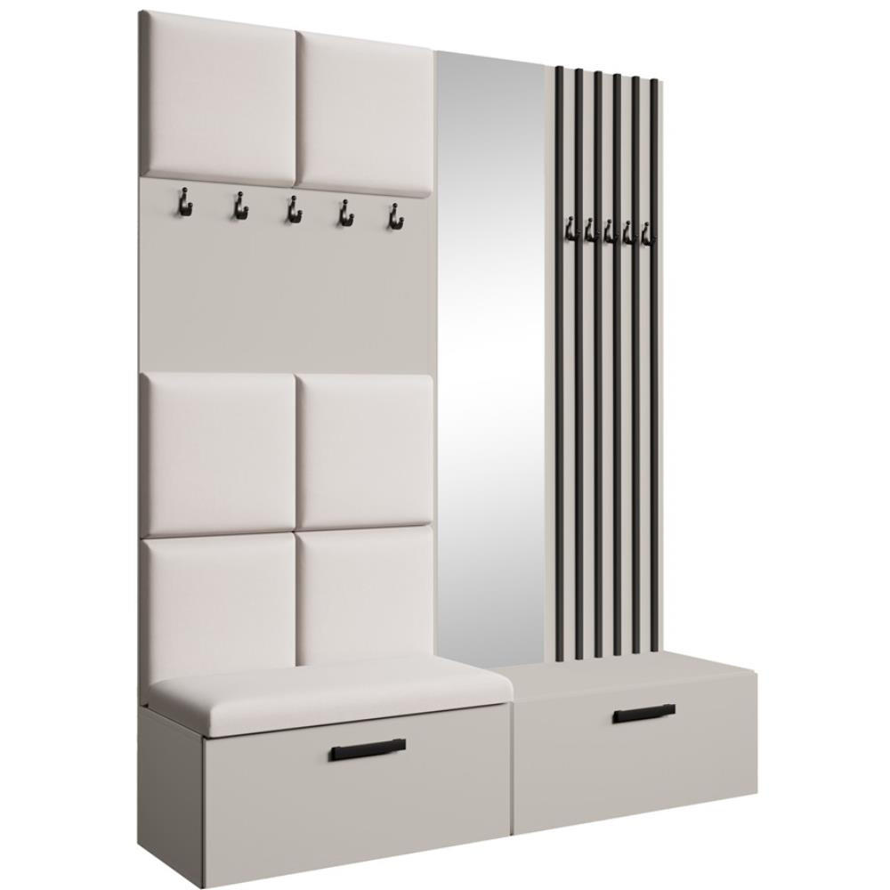 Beautysofa PŘEDSÍŇOVÁ sestava Margaret I+II 162/203/43 s čalouněnými panely / lamelami / zrcadlem, kašmírová|černá