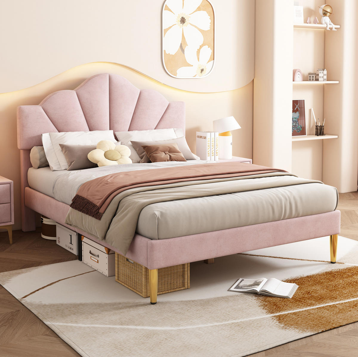 POLSTERBETT 140/190 cm Rosa aus Velours mit höhenverstellbarem Kopfteil - Pink, Textil (140/190cm) - OKMYHOME
