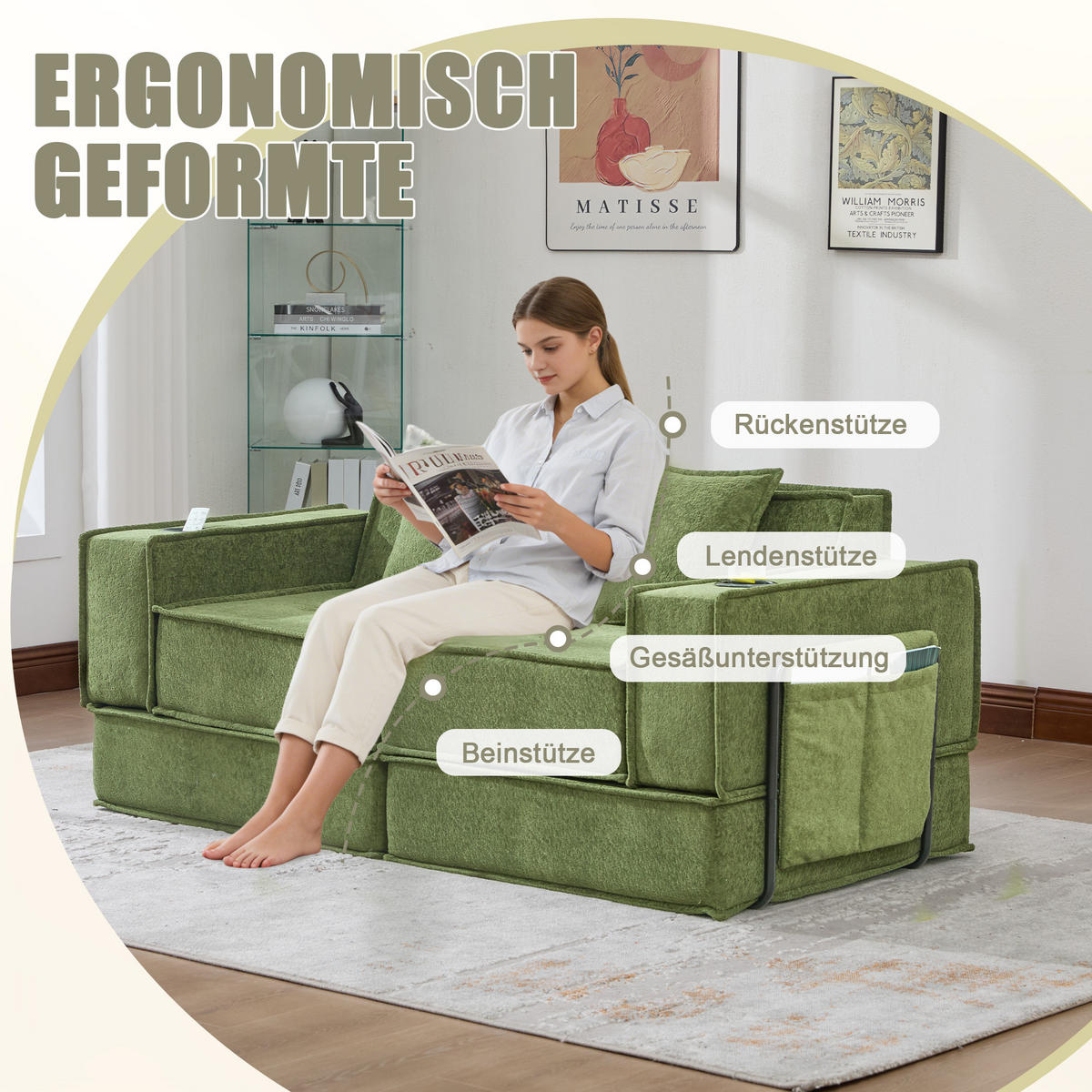 SCHLAFSOFA 162/78/66 cm Grün Chenille mit seitlichem Stauraum und Getränkehaltern - Grün, Textil (162/66/78cm) - Oxeza