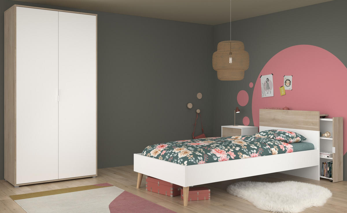 JUGENDZIMMER weiß, Eiche, Komplett-Set 4-teilig mit Stauraum - Eichefarben/Weiß, Holzwerkstoff/Kunststoff (95/205/206cm) - Parisot Meuble