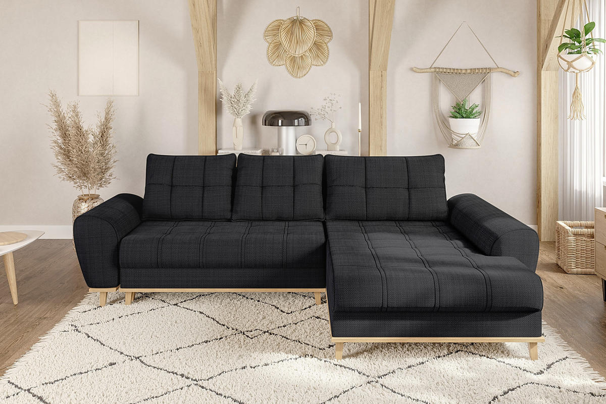 ECKSOFA im Scandi-Stil, Schlaffunktion, Bettkasten B268/T175/H86 cm, Ottomane rechts, Liegefl. 128x209 cm, Bouclé Chenille Stoff in Anthrazit / 21011 - Eichefarben/Anthrazit, Holz/Textil (268/175cm) - luma-home