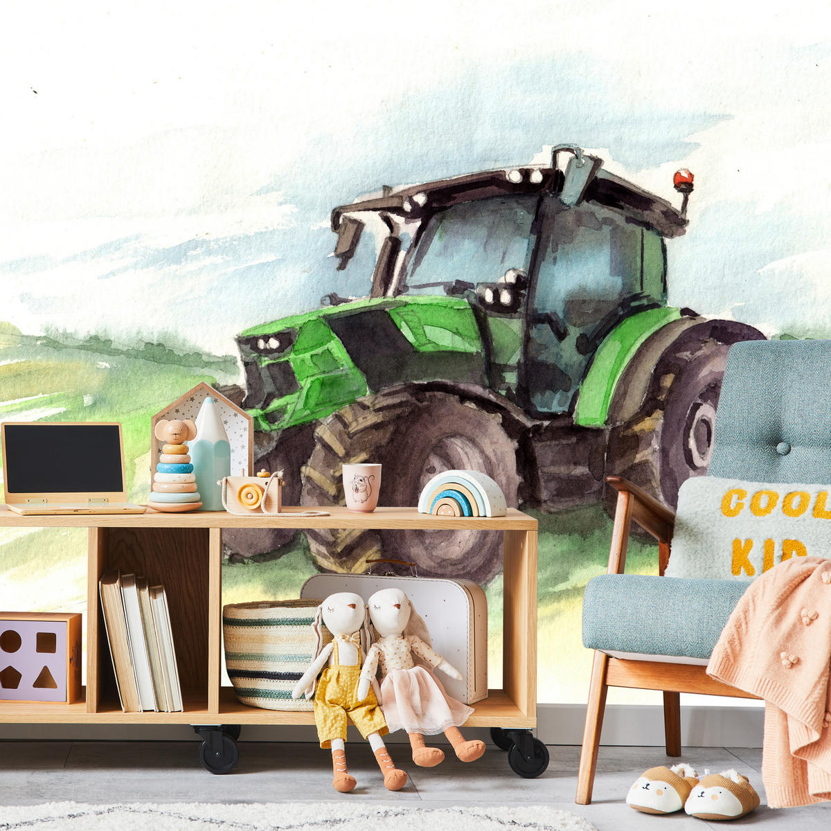 FOTOTAPETA Pre Detskú Izbu Akvarel Zelený Traktor Pole 350 x 256 cm - hnedá/čierna, papier (350/256cm) - Muralo