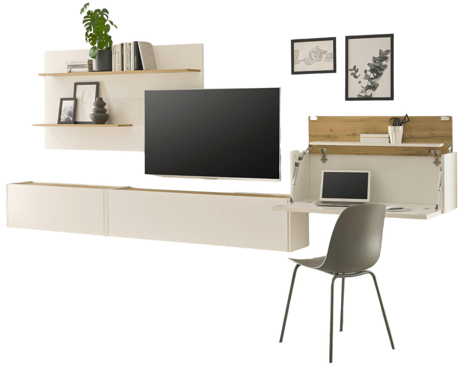 WOHNWAND weiß, Eiche Wotan 350 cm, Schrankwand mit Sekretär - Eiche Wotan/Weiß, Holzwerkstoff/Metall (350/180/30cm) - Furn.Design