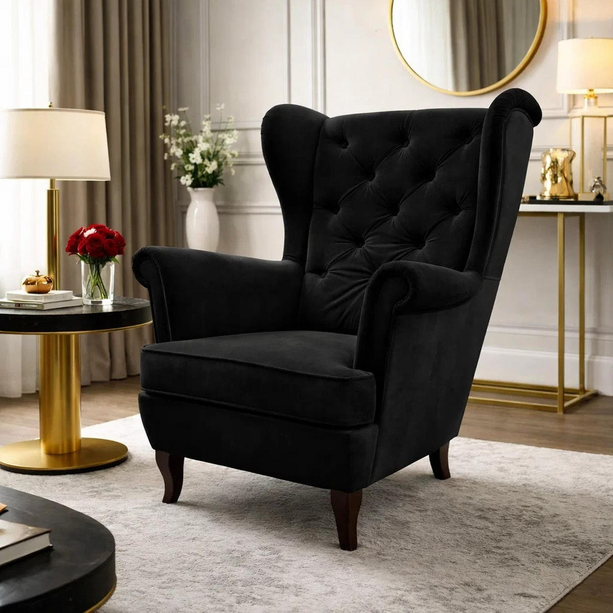 CHESTERFIELD-SESSEL Falco schwarz mit Holzbeinen - Wengefarben/Schwarz, Holz/Textil (82/102/92cm) - Beautysofa