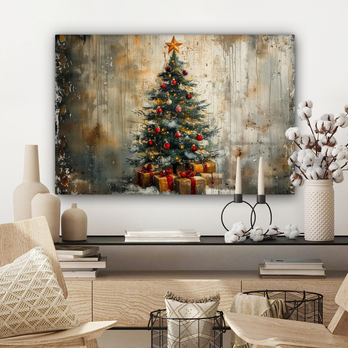 LEINWANDBILD Weihnachtsbaum - Vintage - Weihnachten - Geschenk Gemälde 60x40 cm - Rostfarben, Textil (60/40cm) - MuchoWow