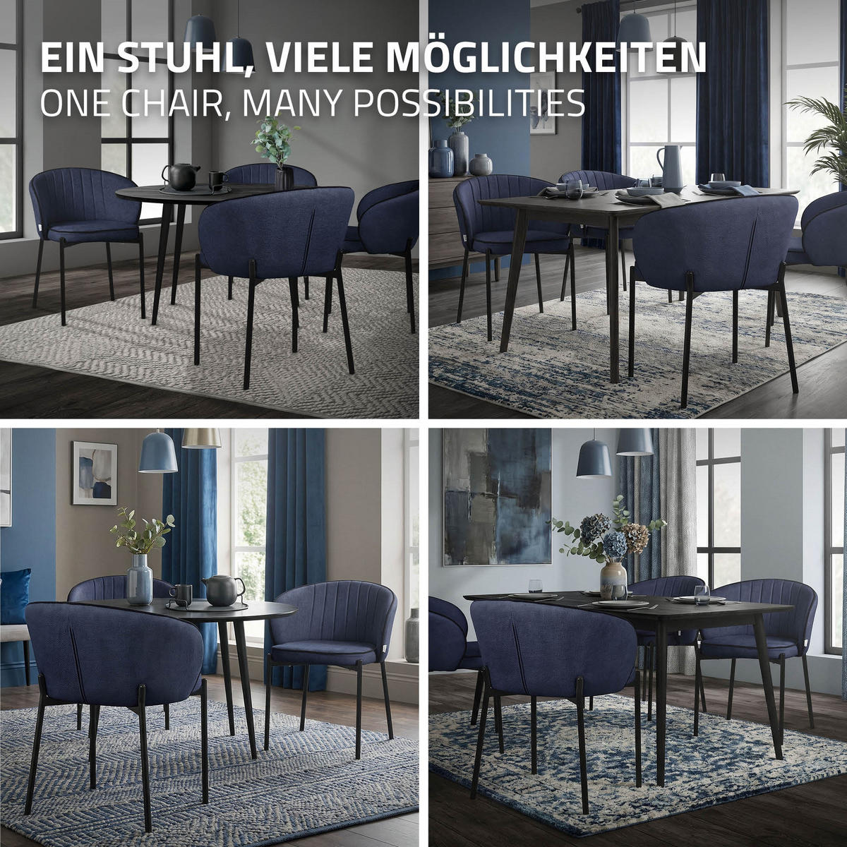 ESSZIMMERSTÜHLE 2er Set Dunkelblau - Schwarz/Dunkelblau, Textil/Metall (60/75/59cm) - ML-DESIGN