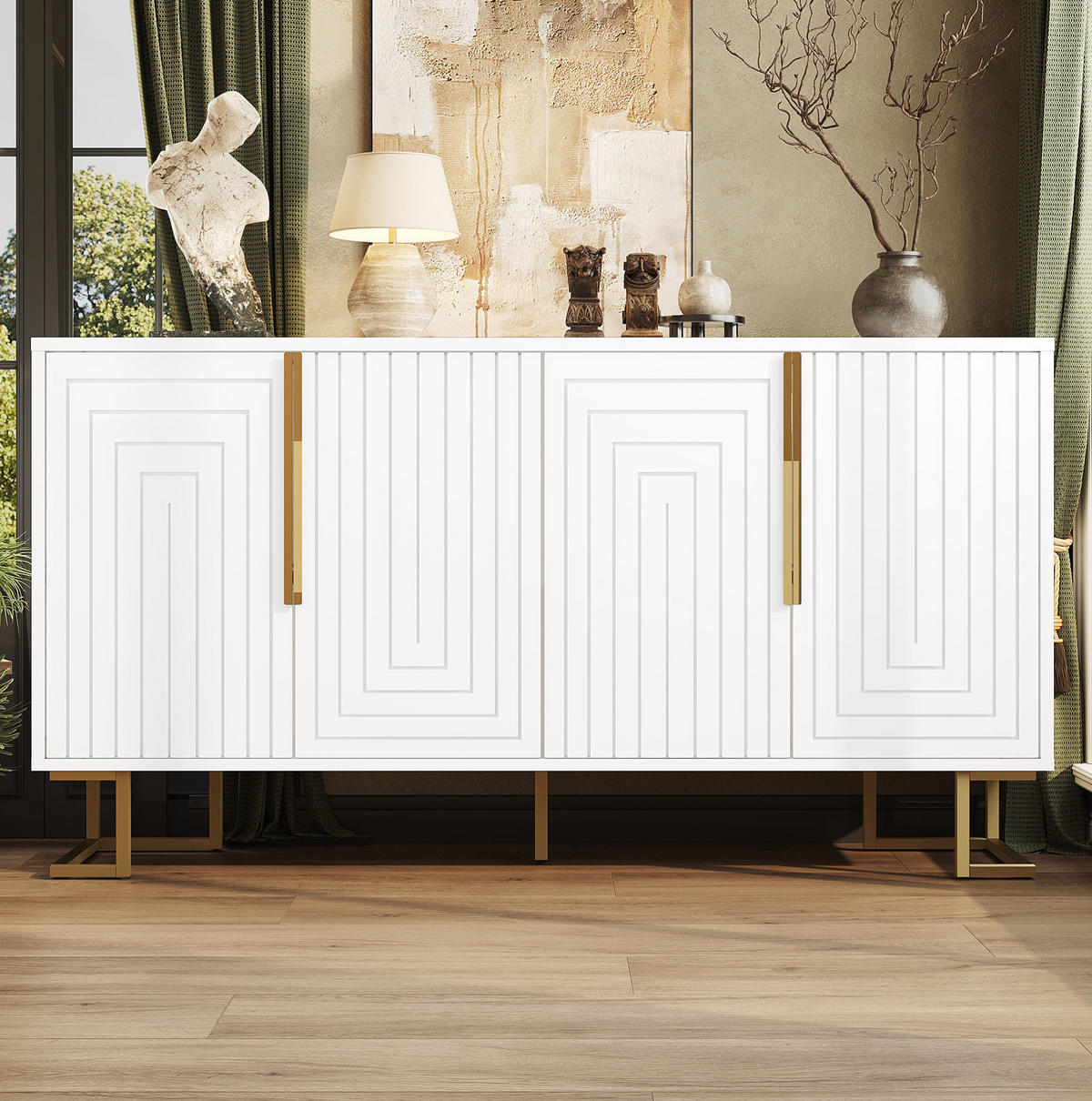 BOČNÍ skříň 152/40/75 cm bílá z MDF s geometrickými dvířky a zlatými detaily - bílá, kompozitní dřevo (152/75/40cm) - OKWISH