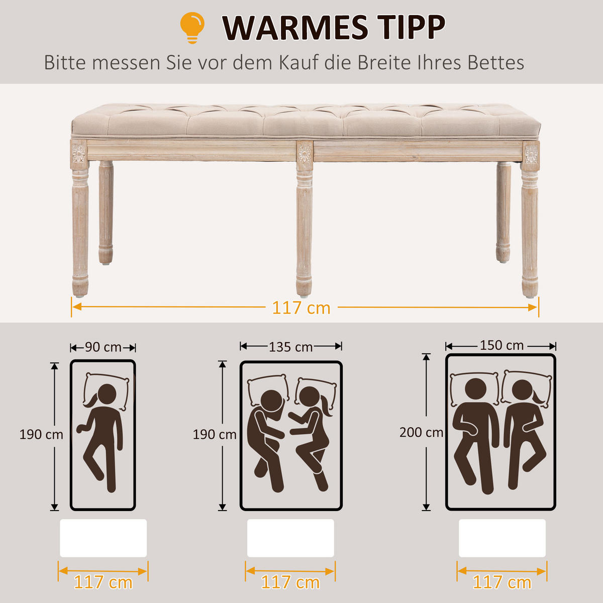 VINTAGE Bettbank, bis 120 kg Belastbar, Beige - Beige, Kunststoff (40/48/117cm) - HOMCOM
