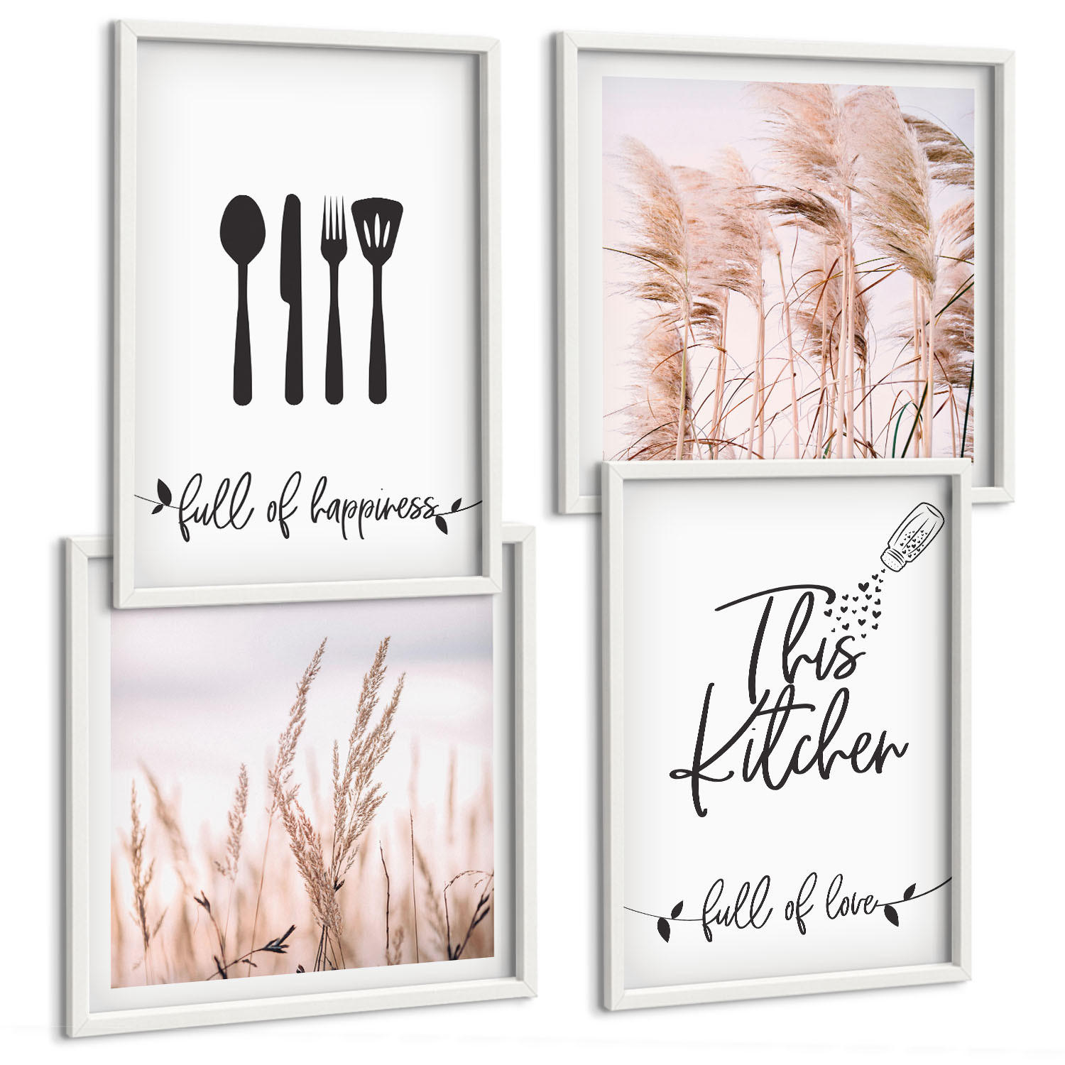 BILDER SET 4er Set - 50x50 cm & 40x60 cm Weißer Rahmen - Boho-Küchengras-Schriftzug - Weiß, Kunststoff (50/50cm) - TULUP