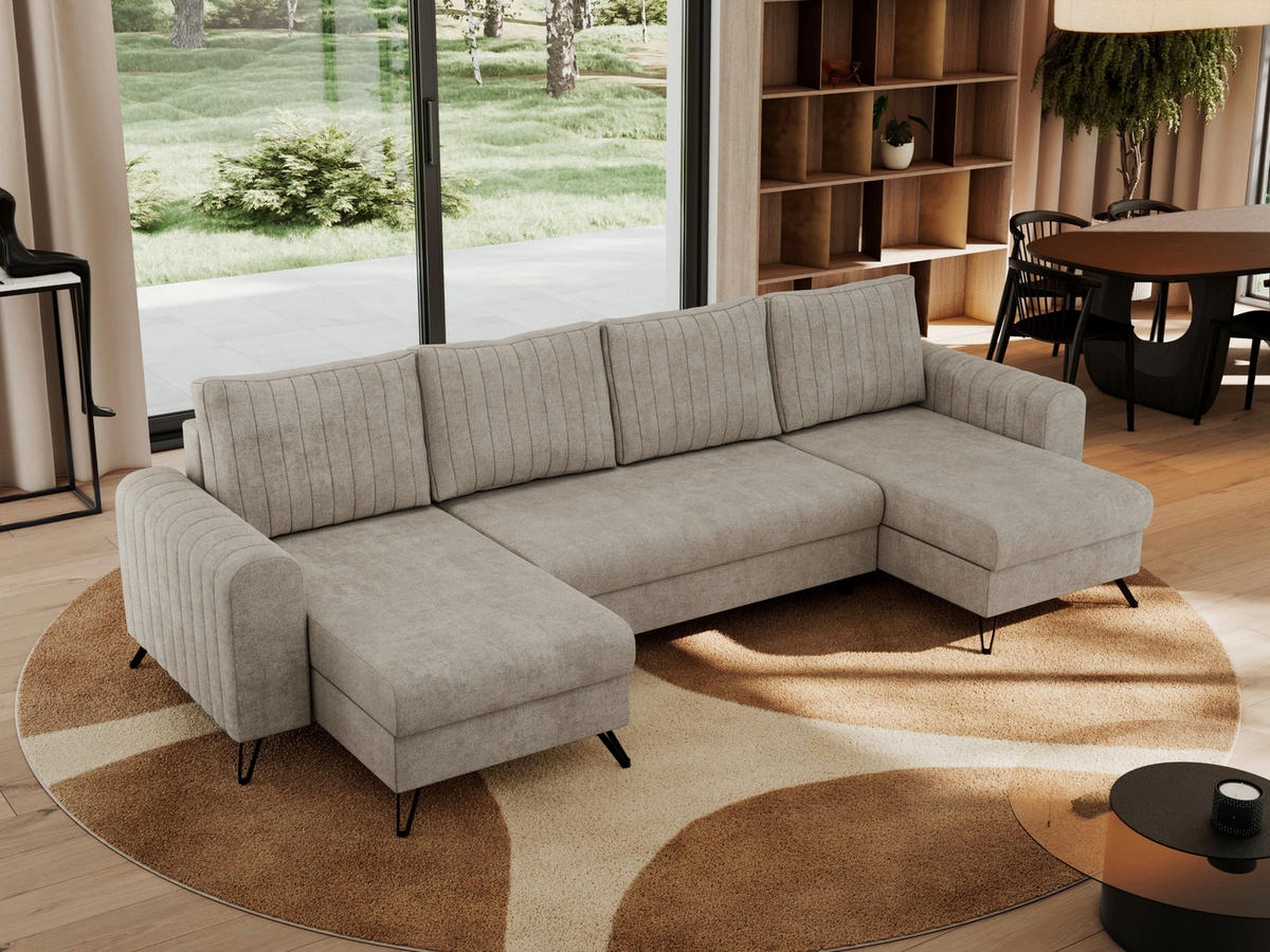WOHNLANDSCHAFT AXEL U Struktur Beige - Beige/Schwarz, Textil/Metall (312/90/140cm) - MKS