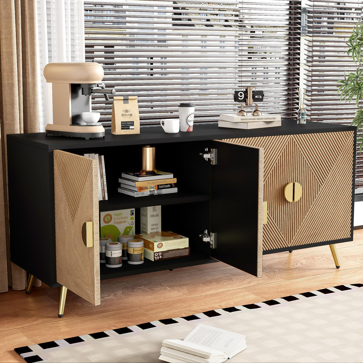 SIDEBOARD 160 cm 4 Türen Goldgriffe - Schwarz, Holz (160/75/40cm) - LEBENLANG