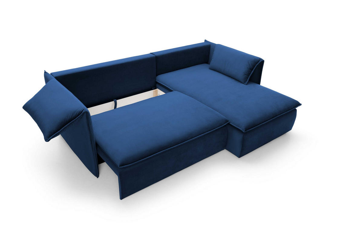 ECKSOFA PREGIO Blau Plüsch-Stoff mit Schlaffunktion - Blau, Holz (230/166cm) - MASSENO