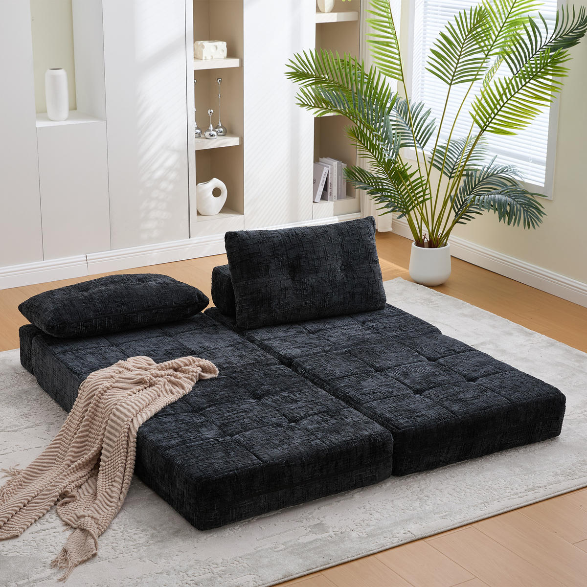 SCHLAFSESSEL Klappbares mit Kopf und Lumbalkissen Chenille Schwarz 79/79/57 cm - Schwarz, Textil (79/57/79cm) - OKWISH