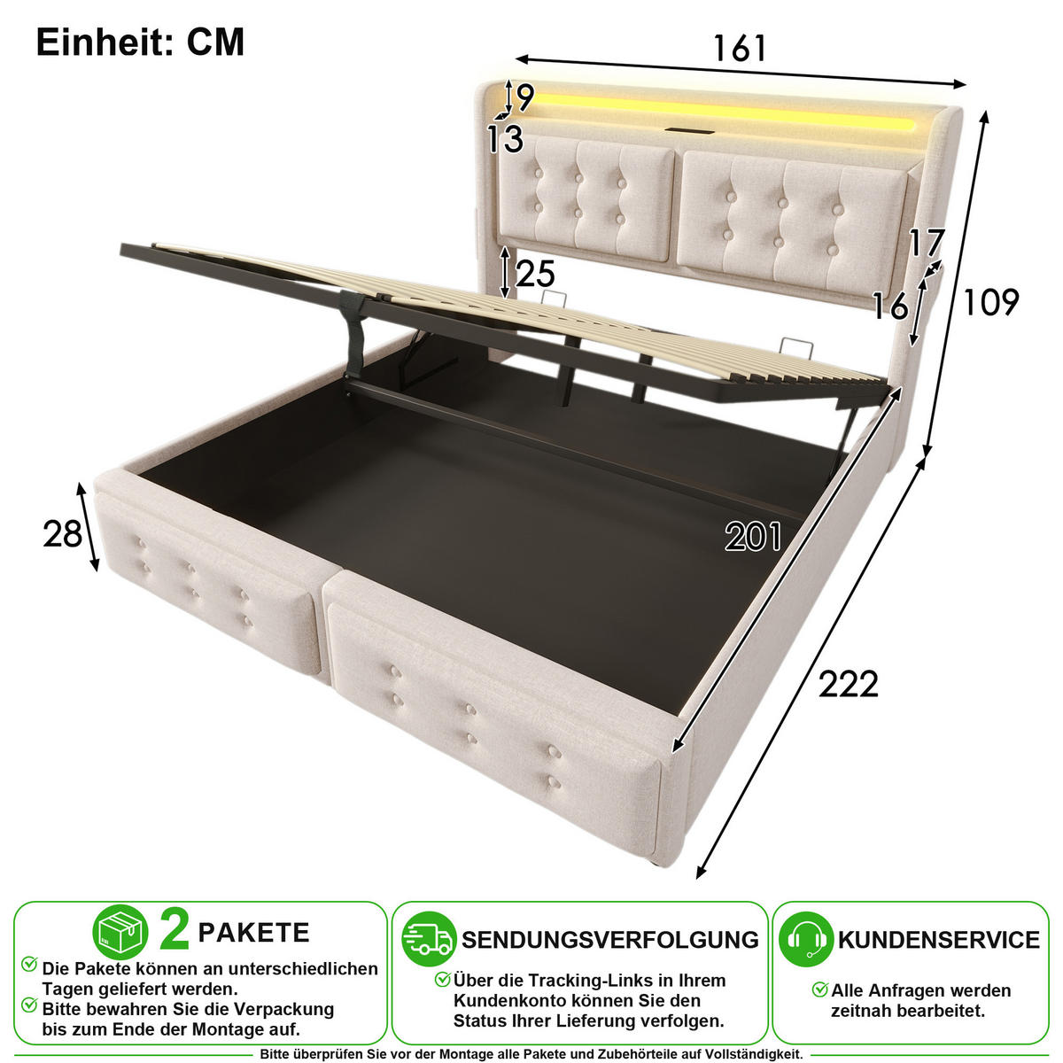 POLSTERBETT 160/200 cm in Beige mit Bettkasten, LED, USB und Type-C Stoff - Beige, Holzwerkstoff/Textil (160/200cm) - CHICFURN