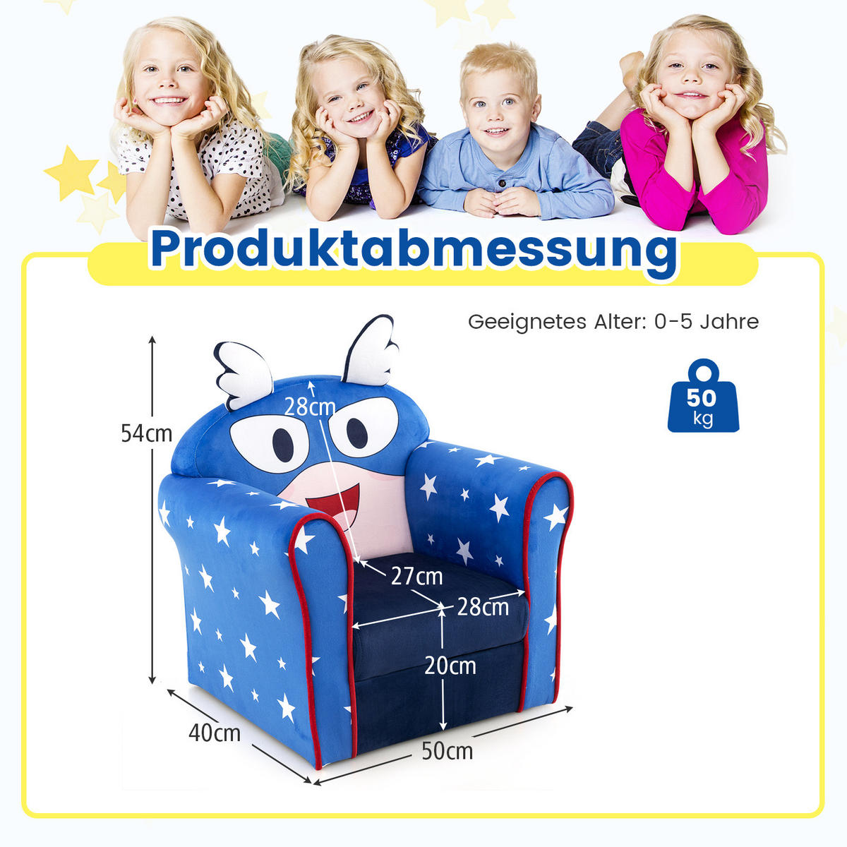 KINDERSOFA 54cm Blau - Blau, Holz (40/54/50cm) - COSTWAY