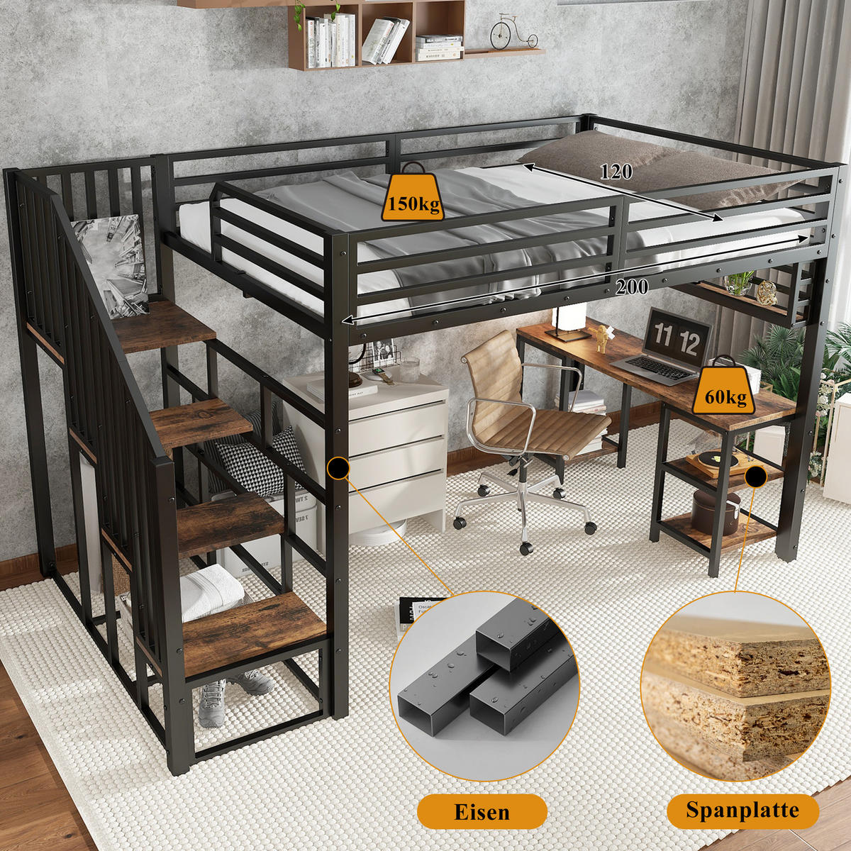 HOCHBETT 120/200 cm in Schwarz & Dunklem Walnuss mit Treppe, Schreibtisch und Regal Metall - Schwarz, Holzwerkstoff/Metall (120/200cm) - CHICFURN
