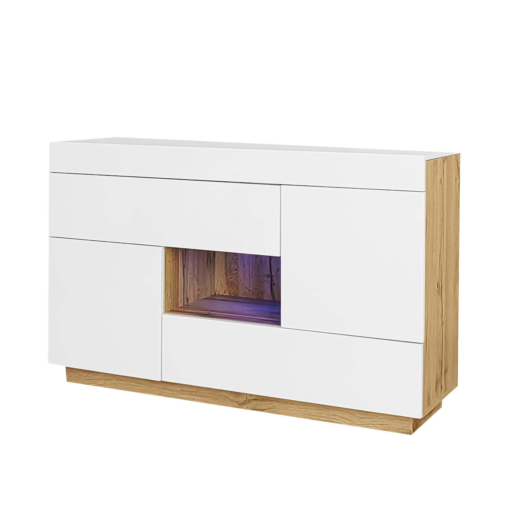 SIDEBOARD mit 2 Schubladen, Türen und offenem Fach, Hochglanz mit Holzoptik, integrierter 16-Farben-LED-Streifen, Spanplatte, 120/37/76,5 cm, Weiß - Weiß, Holzwerkstoff (120/37/76.5cm) - Redom