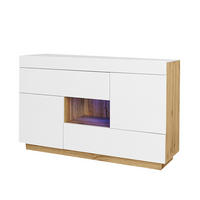 SIDEBOARD mit 2 Schubladen, Türen und offenem Fach, Hochglanz mit Holzoptik, integrierter 16-Farben-LED-Streifen, Spanplatte, 120/37/76,5 cm, Weiß - Weiß, Holzwerkstoff (120/37/76.5cm) - Redom