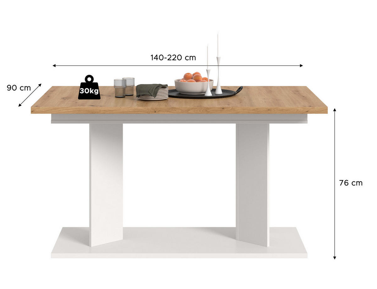 ESSTISCH Eiche Artisan, weiß 140 - 180 - 220 x 90 cm, Küchentisch 2-fach ausziehbar - Eiche Artisan/Weiß, Holzwerkstoff (90/140/76cm) - Inn.Furn