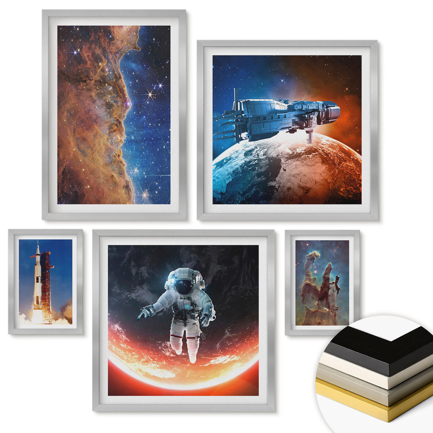 WANDBILDER 5er Set - 50x50 cm & 20x30 cm & 40x60 cm Silberner Rahmen - Farbenfrohes abstraktes Porträt - Silberfarben, Kunststoff (40/60cm) - ArtPrintCave