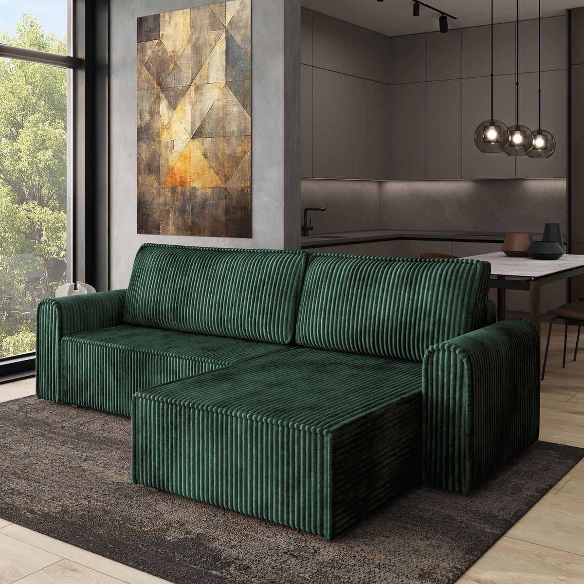 ECKSOFA VALTINO Grün Kordstoff mit Schlaffunktion - Grün, Holz (275/148cm) - MASSENO