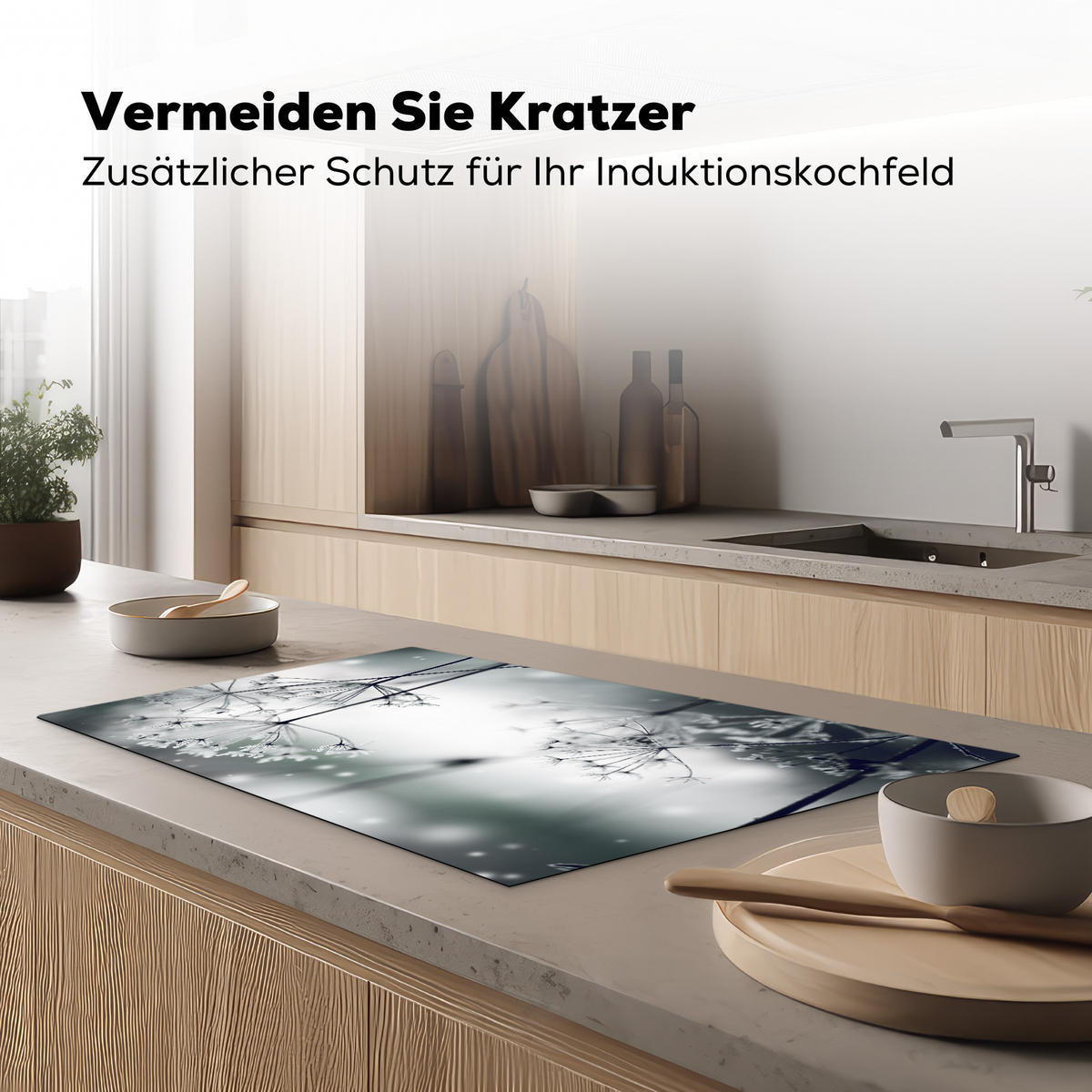 HERDABDECKPLATTE Blumen - Winter - Schnee - Natur Induktionsmatte 83x51 cm - Grau, Kunststoff (83/51.5/0.2cm) - MuchoWow