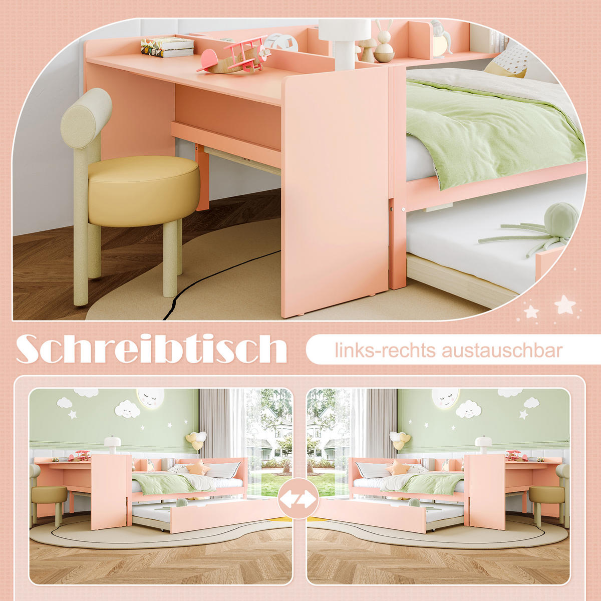 FLACHBETT 140x200cm Rosa Holz Schreibtisch Rollbett Regale - Pink, Holz (140/200cm) - FLIEKS