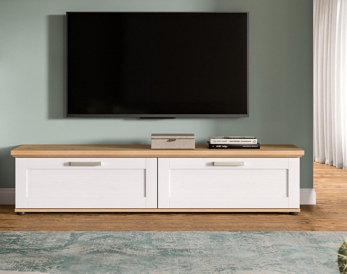TV-LOWBOARD weiß Lärche, Eiche Artisan 164 cm,TV-Unterteil im Landhaus-Stil - Silberfarben/Schwarz, Holzwerkstoff/Kunststoff (164/37/40cm) - Inn.Furn