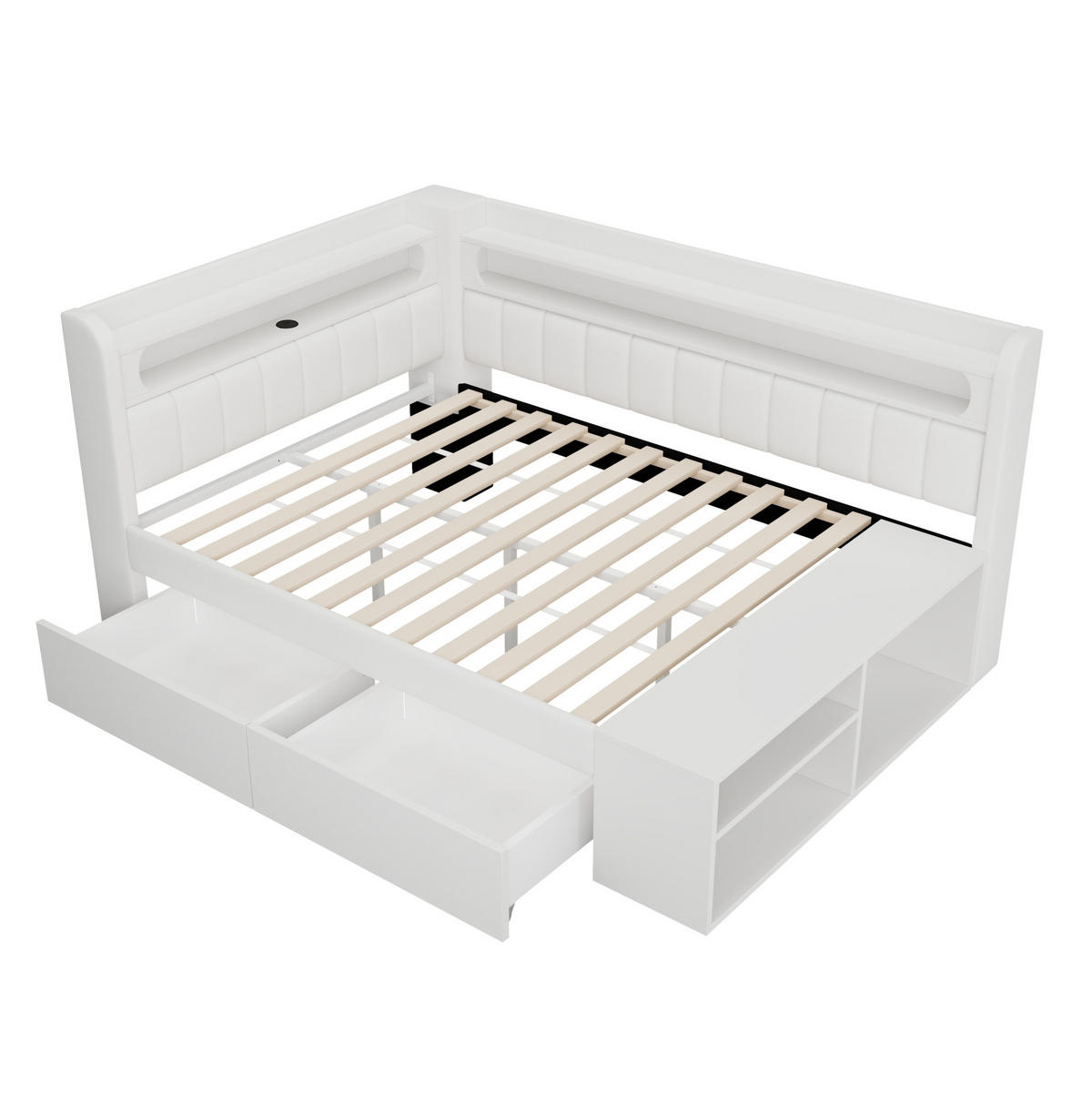 ČALOUNĚNÁ postel 90/200 cm bílá z MDF a překližky s LED osvětlením, USB a botníkem - bílá, kompozitní dřevo (90/200cm) - OKWISH