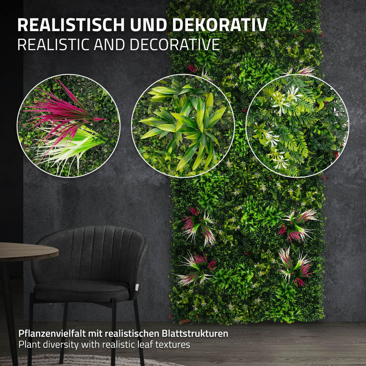 KÜNSTLICHE PFLANZENWAND 4er Set 50x50 cm Kunstpflanzen Wand Innen Aussen Grün Tropical Pink - Pink/Grün, Kunststoff (50/50/10cm) - ECD-Germany