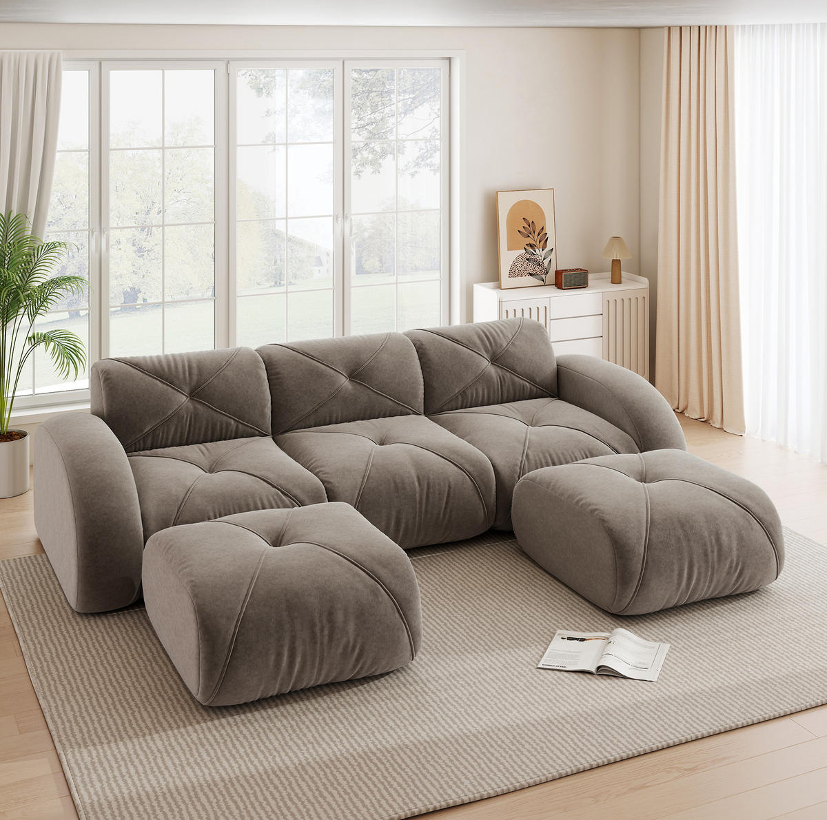 WOHNLANDSCHAFT 281/171/76 cm in Taupe aus Chenille mit 2 Hockern - Taupe, Textil (171/76/281cm) - Flora Grace