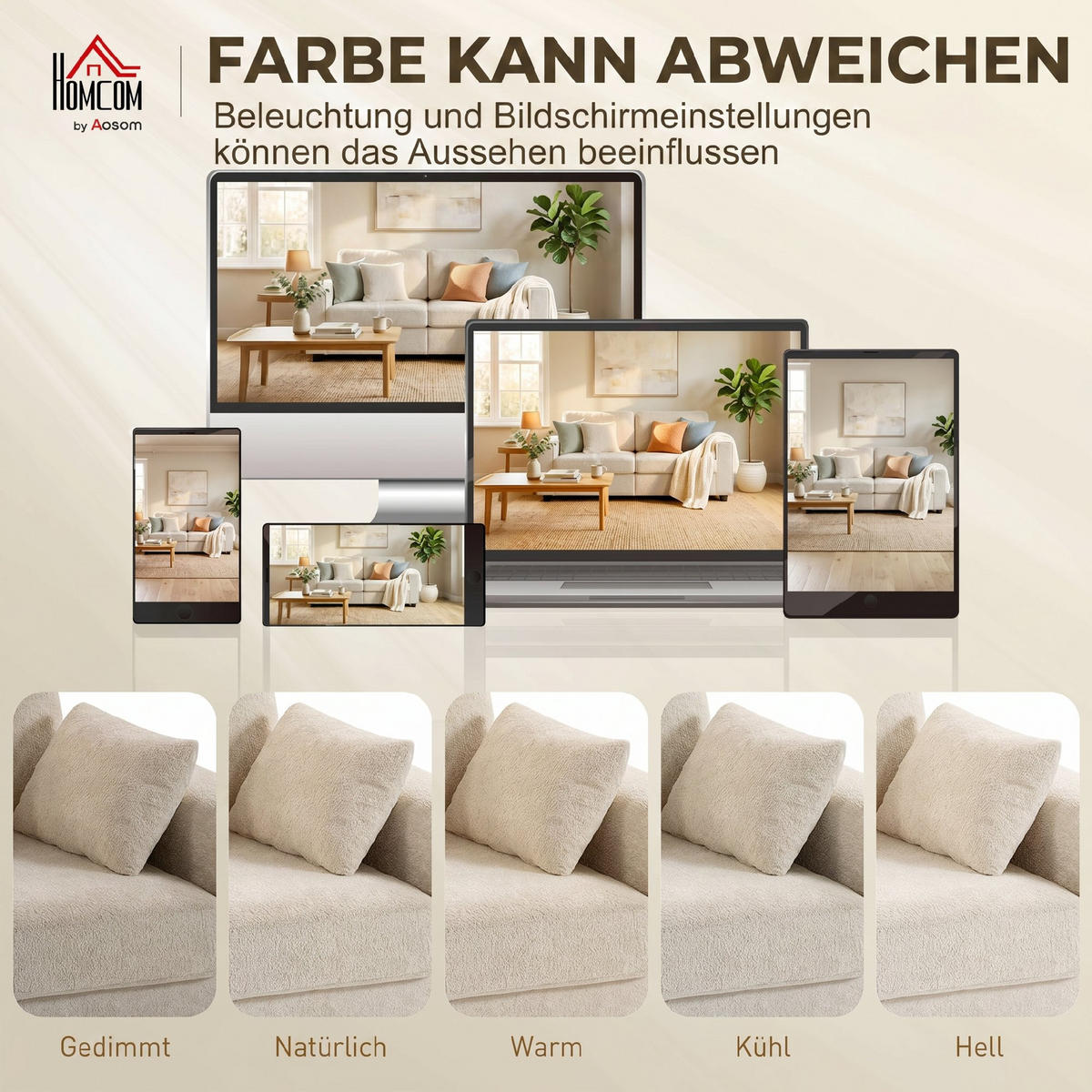 3-SITZER-SOFA DE-06594 Federkissen, breite Armlehnen, 4 Kissen Beige - Beige, Holz/Textil (85/90/211.5cm) - ComfortXL