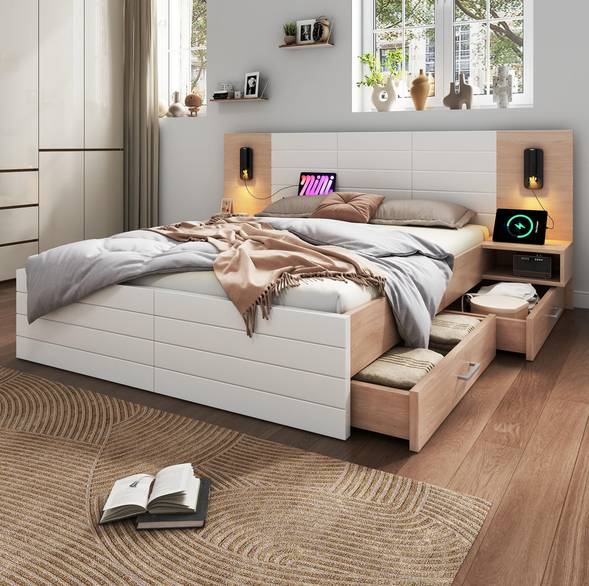 BETT 160/200 cm in Weiß/Eiche mit Matratze, USB und Leselicht - Weiß, Holzwerkstoff (160/200cm) - Flora Grace